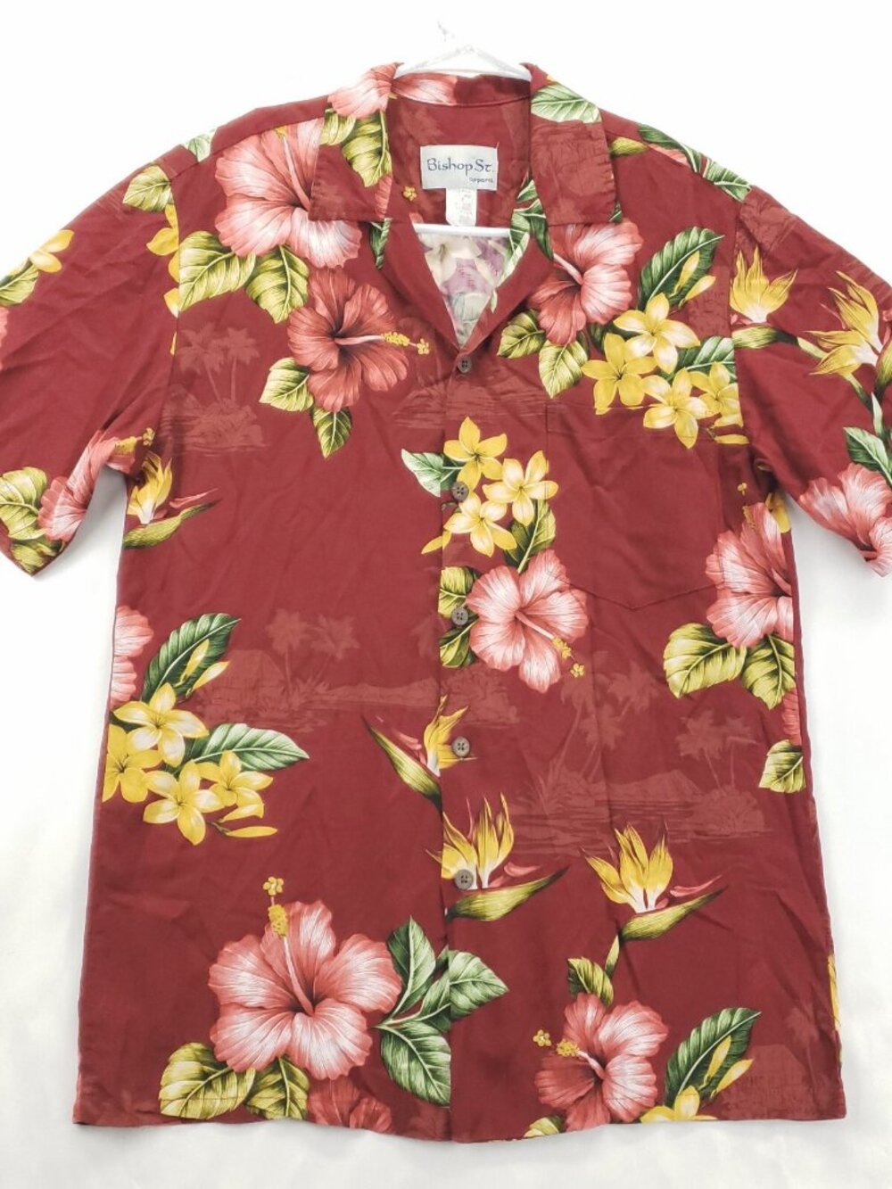 Vintage Bishop St Shirt Mens Small Red Hawaiian Short Sleeve Camp Button
